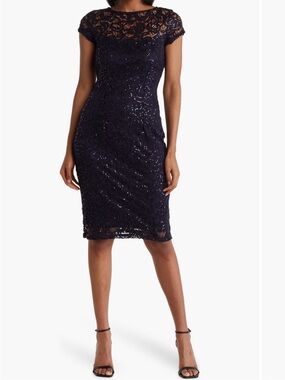 MARINA Navy Lace Sequin Midi Dress